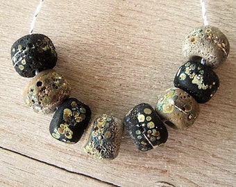 Glass Lampwork Bead set of 8 Stone Rustic Taupe and Black Speckled with Raku and Fine Silver Etched Finish