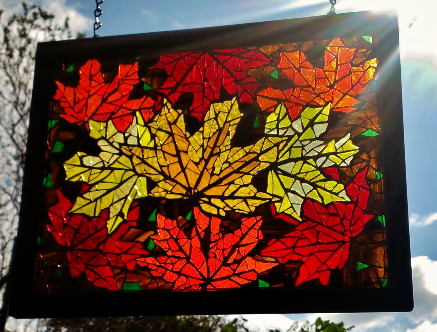 Fall Leaf Stained Glass Mosaic Framed Art Autumn Thanksgiving