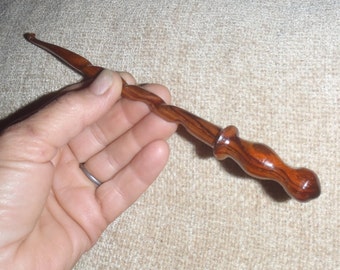 Crochet hook Wand, 8" , hand spiral turned of coco bolo rosewood, spiral turned handle shaft. choose size G to L