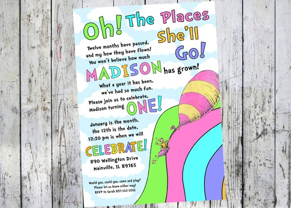 Oh the places you will go Seuss Birthday Party Invitation