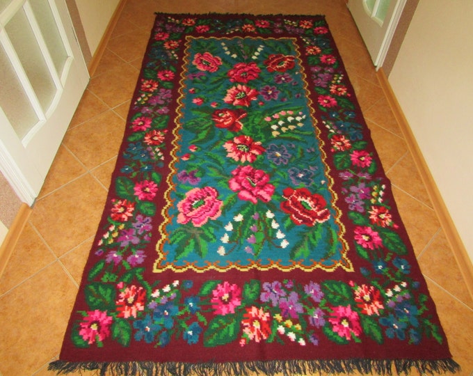 Vintage handwoven wool rug carpet - Floral kilim - Romania Kilim Bessarabian Kilim. Vintage Kilim, Handmade , rose kilim rug.