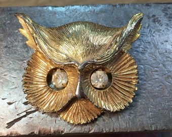 Owl Brooch with Moveable Rhinestone Eyes- Free shipping