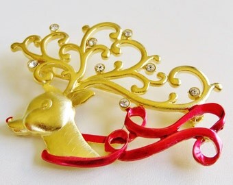 JJ Jonette Christmas Reindeer With Antlers With Rhinestones Brooch Pin