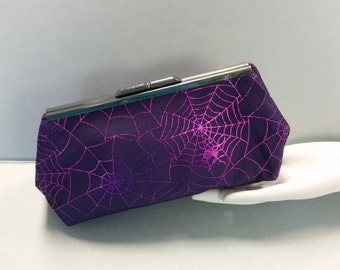 Halloween Clutch. Purple Spider Web Fabric Bag. Silver Metal Purse Clasp. From MDS Creative.