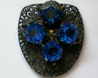 Deep Blue Glass Filigree Dress Clip - 4662