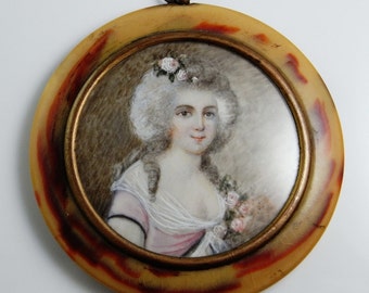 Georgian Jewelry Miniature Portrait Ormolu Pressed Horn Portrait Miniature Marie Antoinette Antique Portrait Painting 18th Century Wig Gilt