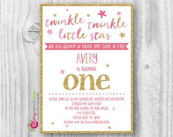 Twinkle Twinkle Little Star First Birthday Invitation - Pink and Gold Glitter - DIY Digital File (PDF or JPEG)