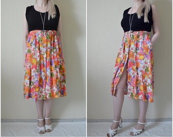 Vintage Floral midi skirt button up High waist Pockets pleated 90s Colourful floral print Tropical print Summer Petite M Medium UK 12 30