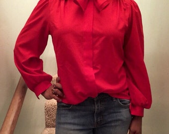 1970's Vintage Red Secretary Blouse-Bow Tie