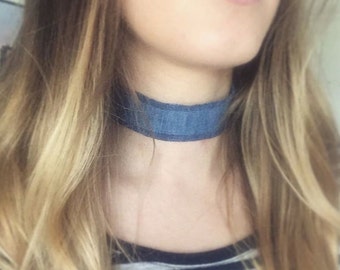 Wide Denim Choker Necklace with Extendable Chain - Reclaimed Denim - Frayed Denim - Raw Hem - 90s - Silver Plated Findings
