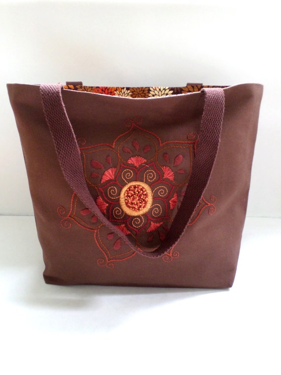 Lotus Flower Tote Bag / Hand Embroidered Purse / Brown Cotton
