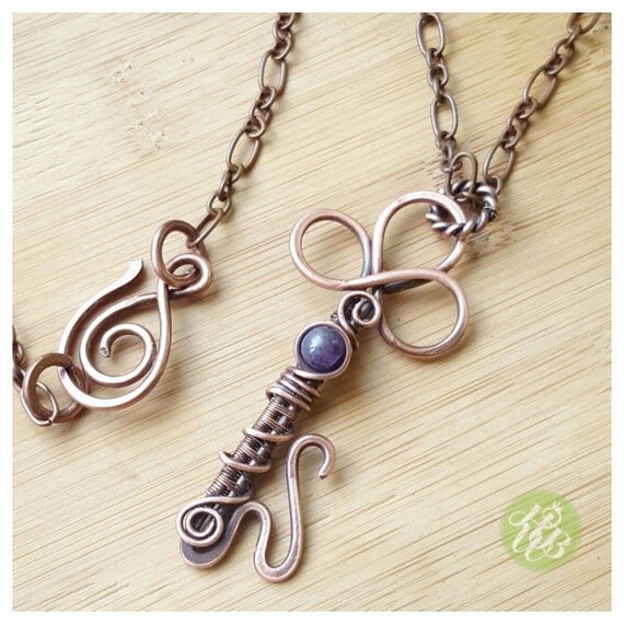 Wire key birthstone necklace/copper key necklace/wire wrapped