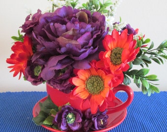 Purple Flowers, Red Ceramic Cup, Summer Flowers, Summer Floral Arrangement, Centerpiece,Purple,Orange, Green,White Flowers, Daisy, Boxwood