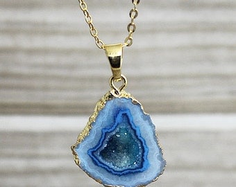 Teal Blue Half Geode Agate Druzy Pendants // Gold Agate // Crystal Gold Pendant // Irregular stone jewelry B978