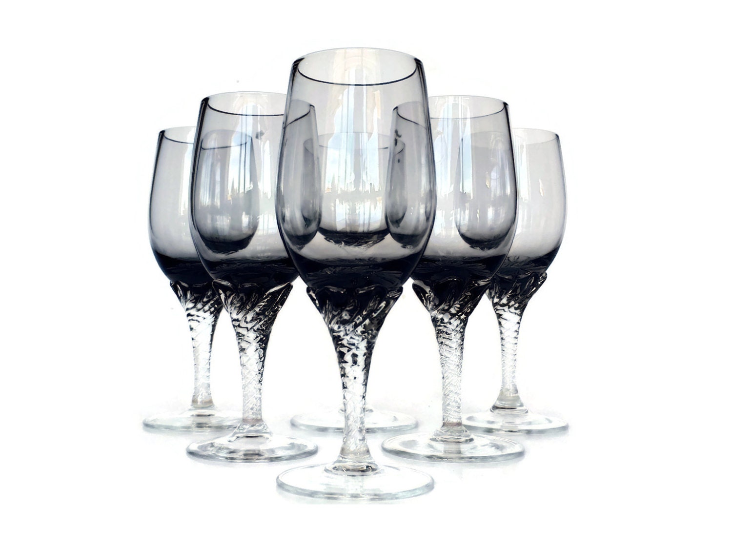 Twisted Stem Smokey Wine Glasses Cordials Set of Six