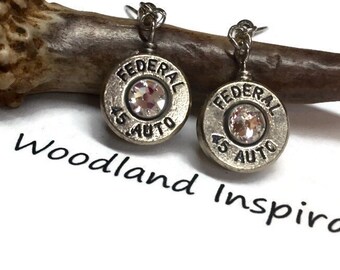 Bullet jewelry, Dangle Bullet earrings, 45 caliber brass bullet earrings, dangle earrings with crystals, redneck jewelry, 45 bullets