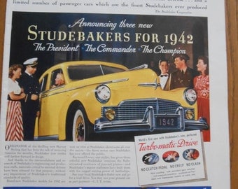 A62 Vintage 1941 Studebaker Ad Retro 1940s advertising Life magazine car ad Birds Eye Frozen Food ad dancing man car salesman yellow car art