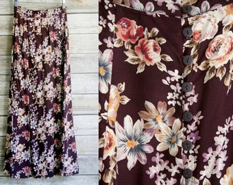 90's burgundy floral skirt. Rayon Express Compagnie International maxi button down ankle length high waist. 23 24 25 inch waist XS