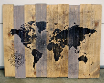 Extra World Map And Pass Wall Art On Distressed Solid