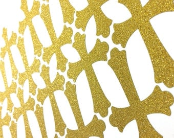 30+ Glitter (no shed) gold cross stickers for baptism, christening, envelope seals, or decoration on your religious events
