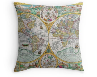 Map Of The World Throw Pillow Map Decor, Map of the World, Antique Maps, Antique Map Cushion, Retro Throw Pillow, World Map Cushion, World Map Pillow, Vintage Decor