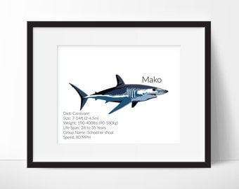 Mako Shark Facts - Shark Decor - Nursery Print - Nursery Art, Classroom Art - Mako Shark Print - Shark Prints Instant Download 8x10