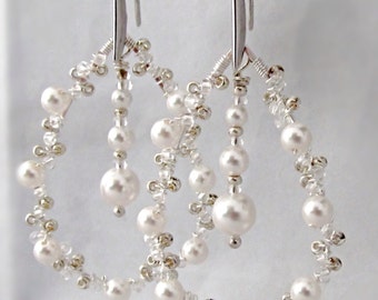 Silver and pearl crystal earrings Bridal earrings Pearl wedding jewelry Teardrop pearl earrings Big statement earrings Unique pearl jewelry