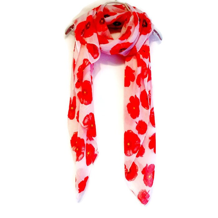 Red Poppy White Summer Scarf / Spring Scarf / Gift For Her