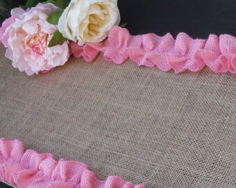 Rustic Burlap Table Runner with pink ruffled edge