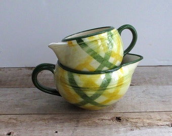 Two Plaid Vernonware Cream Pitchers Green Yellow 40s