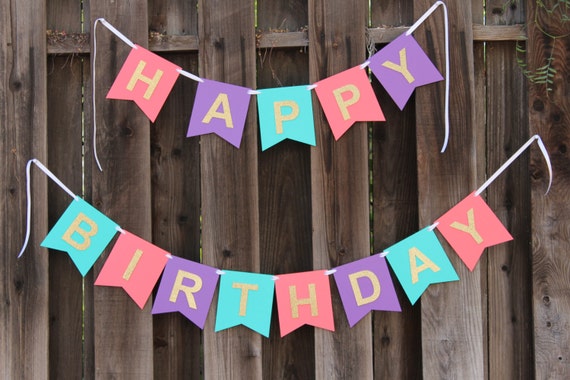 Happy Birthday Banner in Coral Teal Purple w/ Gold by BESITOSxoxo