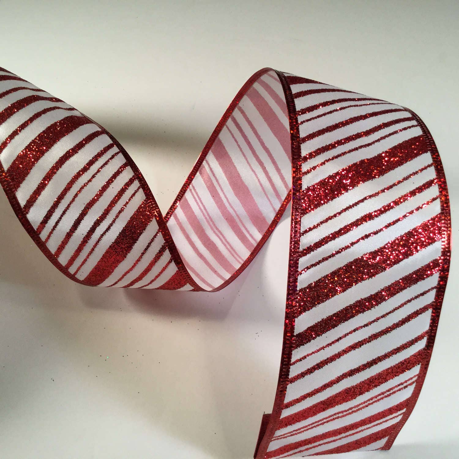 Red and White Striped Ribbon 5 yd Diagonal Stripe Wired