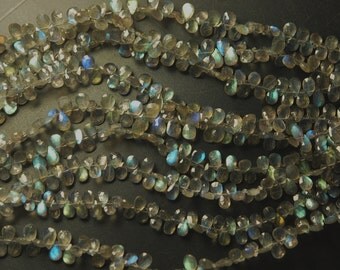 8 Inches, Blue-Green Flash, Labradorite Faceted Pear Briolettes, Size 6-8mm
