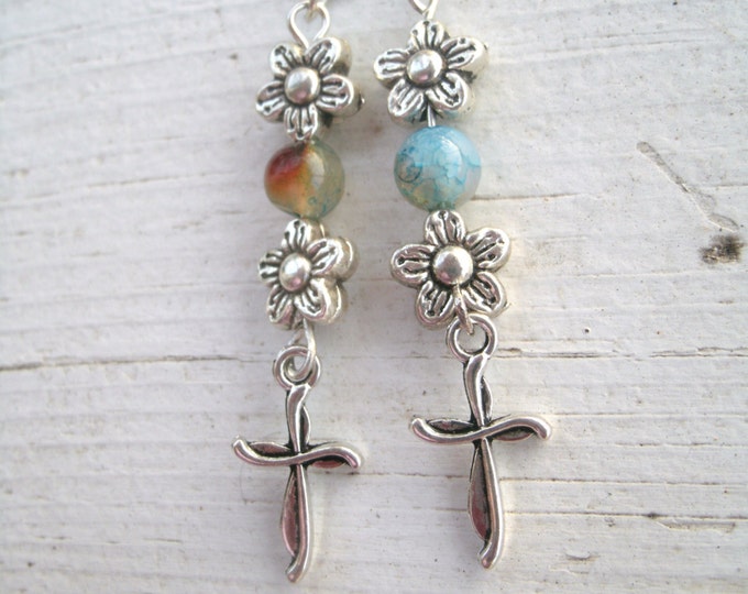Silver Cross Flower Earrings - leverback earrings with silver flower beads, blue Dragon Vein beads and silver cross charms, religious, cross