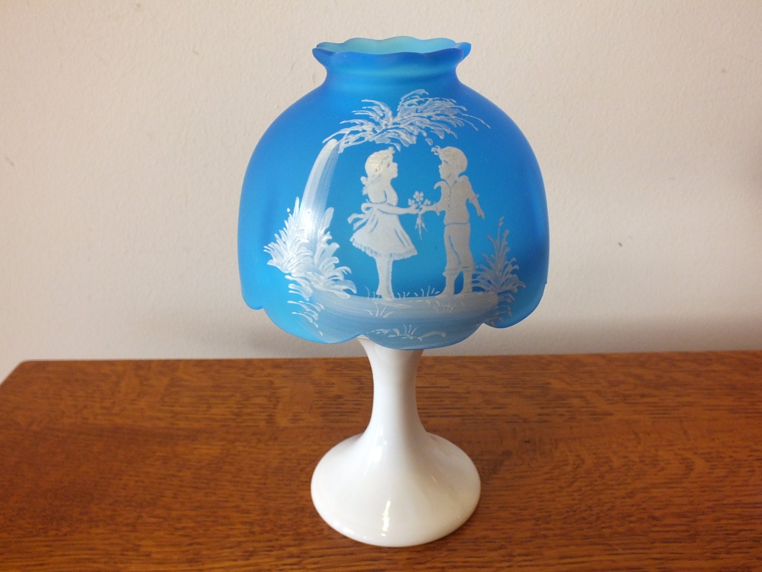 Fairy Lamp hand painted Westmoreland blue satin glass Mary
