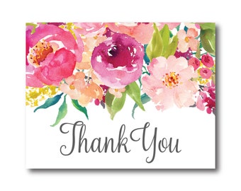 Pink Floral Watercolor Flower Thank You Note Floral Thank