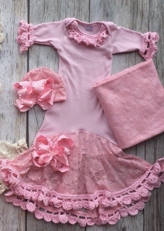 Pink Vintage style infant gown baby girl gown dedication