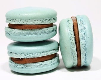 Chocolate Mint Ganache French Macarons -- Gift Box of 10 Cookies-- Best French Macaron-Agua Teal Blue Edible Macaroons Bisou Bisou