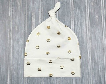 Baby Hat - Knit Baby Knot Hat - Off-White with Gold Dots Print - Knotted Hat - Baby Knotted Hat - Boy or Girl Knot Hat