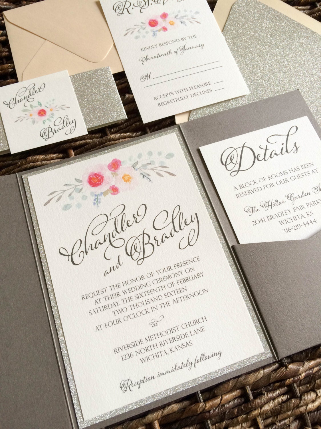 Silver Glitter And Blush Pocket Wedding Invitation Fl Silver Glitter And Blush Pocket Wedding Invitation Fl Flower