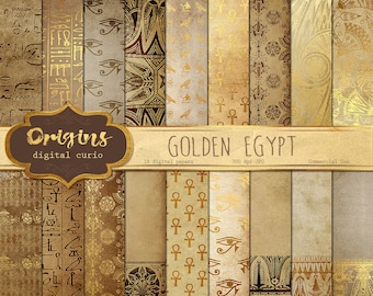 Golden Egypt - Egyptian Digital Paper, Hieroglyphics Scrapbook Paper, Papyrus Vintage Antique Egypt Patterns, Digital Gold Foil Leaf Overlay