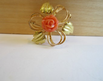 18k Yellow Gold Coral Brooch, Coral Flower Brooch, 18k Gold Pin
