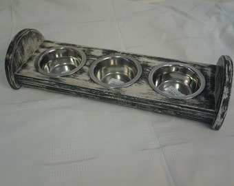 3 Bowl Raised Puppy/Cat Feeder made in Pine finished in a distressed look