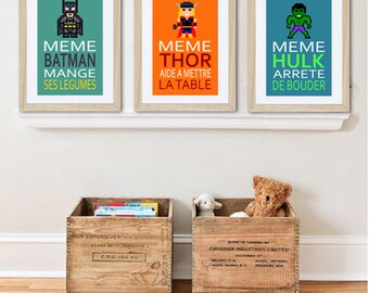 3 french posters with batman, Thor, Hulk, humour, children wall art, bathroom