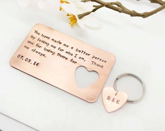 Boyfriend Gift- Hand stamped Wallet Insert Card & Key Chain Set- Christmas Gift- Husband Gift- 7 Year Anniversary, Gift for Boyfriend
