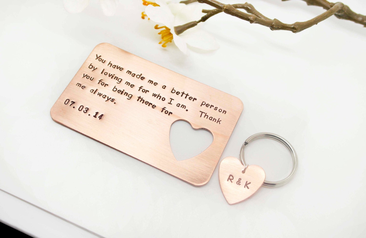 Hand stamped Wallet Insert Card & Key Chain Set-Gift for Him