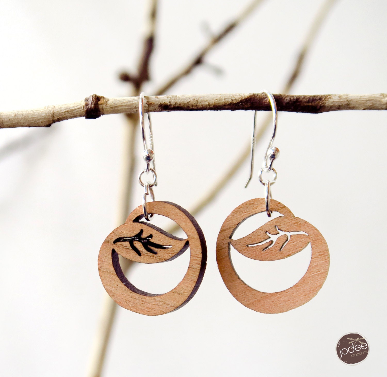 Contemporary Leaf design laser cut wood drop earring