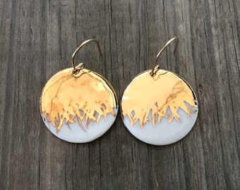 white porcelain round dangling earrings with brushed gold