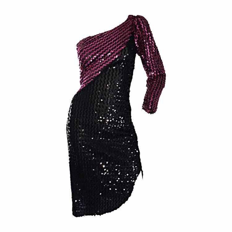 one shoulder glitter patchwork color block bodycon dress