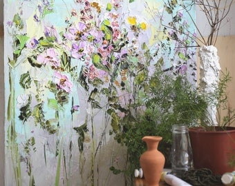 Oil Painting Flowers Oil Painting Floral Palette Knife Painting on Canvas Lilac Painting Living Room Art Work Flower Art Impasto Painting